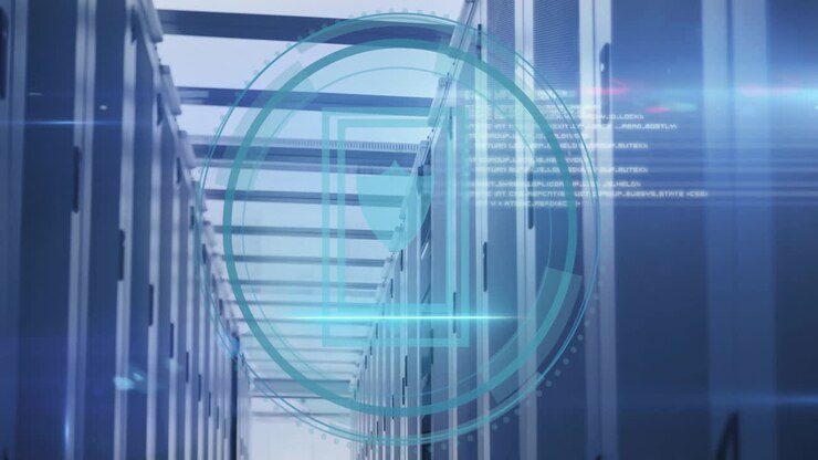 Animation of shield icon and digital data processing over computer servers