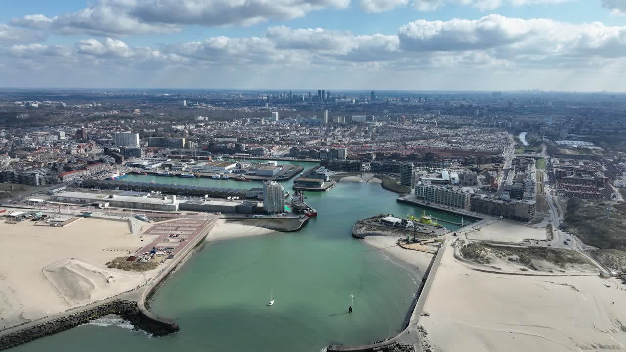 port of Scheveningen, industrial and leisure port, major city in South Holland, The Netherlands, North Sea, ship, boulevard, urban port.
