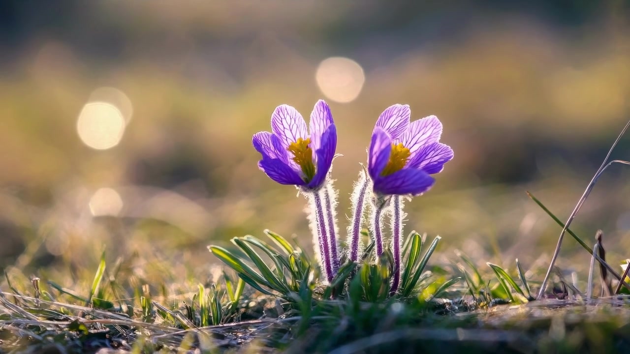 Duas Flores de Pulsatila Roxas Florescendo em um Prado ao Pôr do Sol
