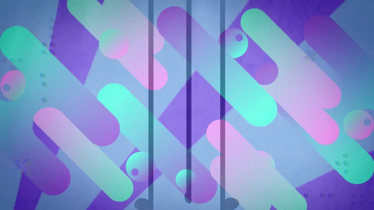 Digital animation of colorful abstract shapes moving against blue gradient background