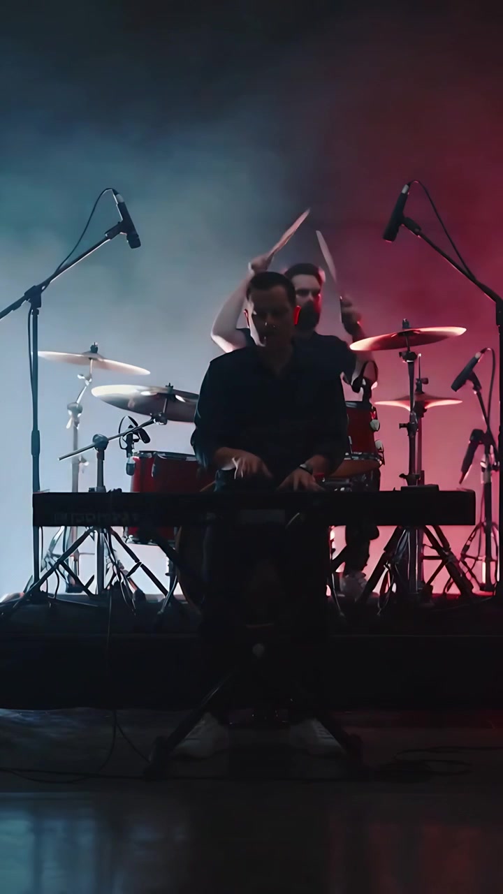 Video verticale: Tastierista che inizia un riff, batterista che colpisce il piatto e guida il ritmo sul palco, vestito di nero.
