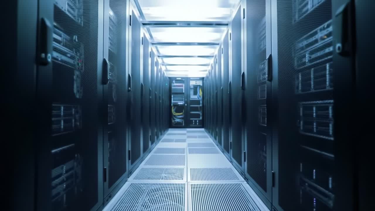 A Glimpse into the Heart of Modern Technology: Exploring the Inner Space of a Data Center with Rows of High-Performance Servers and Bright LED Lighting