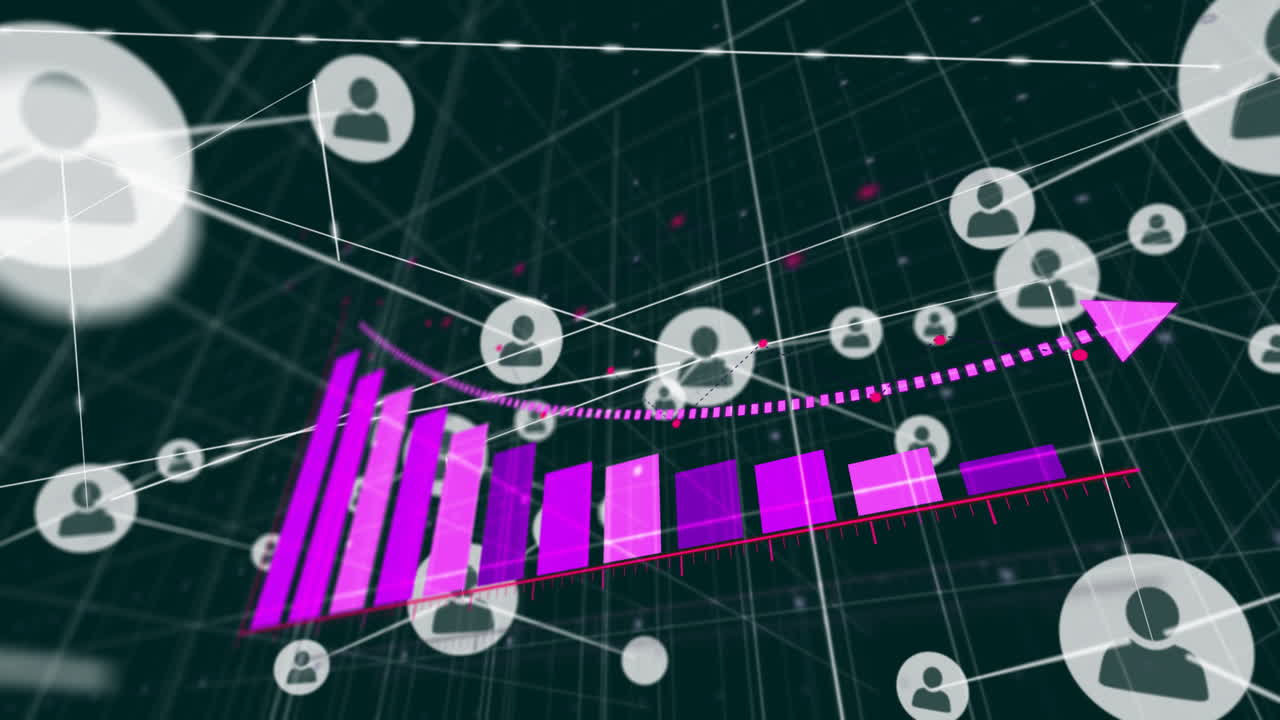 animación de estadísticas y procesamiento de datos digitales a través de una red de conexiones con iconos