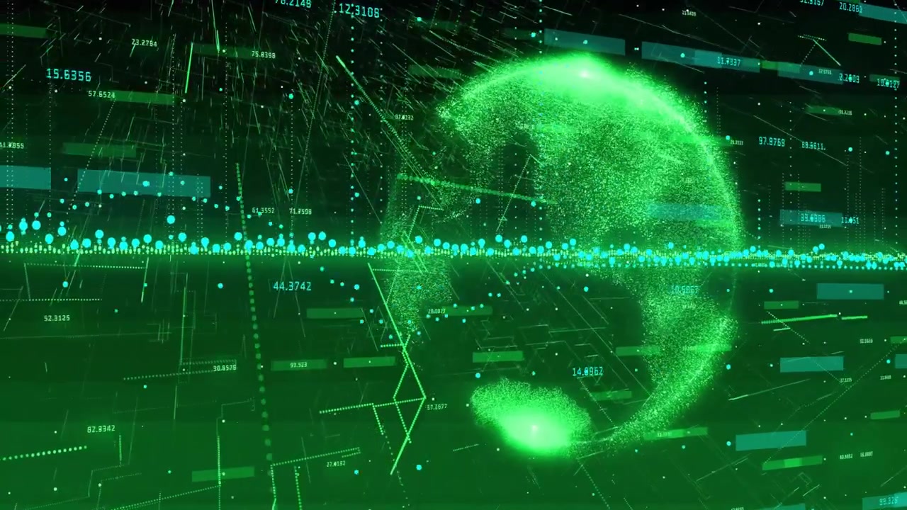 Green particle globe showcasing network flow in 3D render, with floating bars, wireframe details