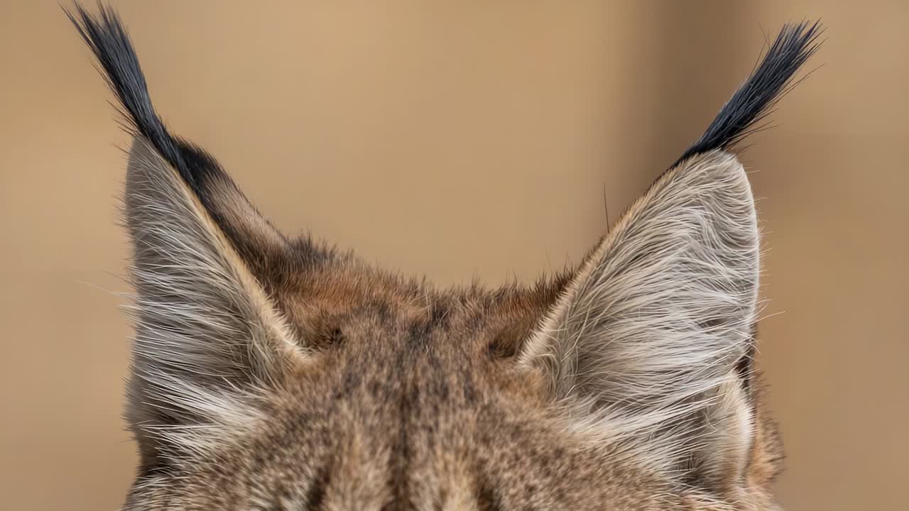 Camera filming lynx rotating ears and shifting crown, showing black ear tufts in studio, bokeh