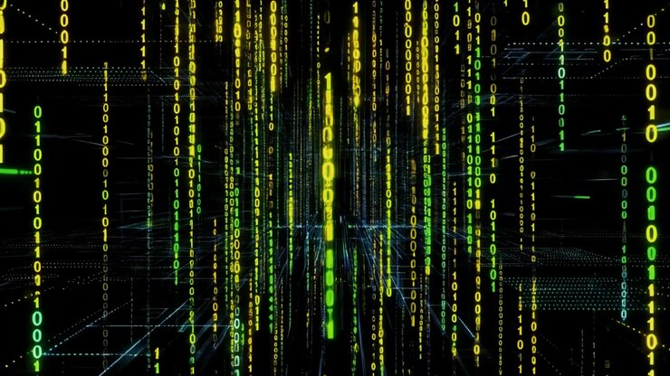 Digitaler Matrix-Regen mit fallenden Binärcode-Datenströmen
