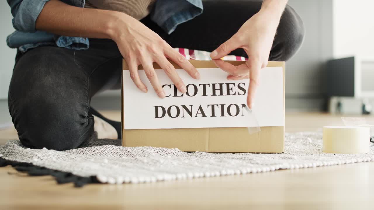 Video of sticking a card with the word clothes donation