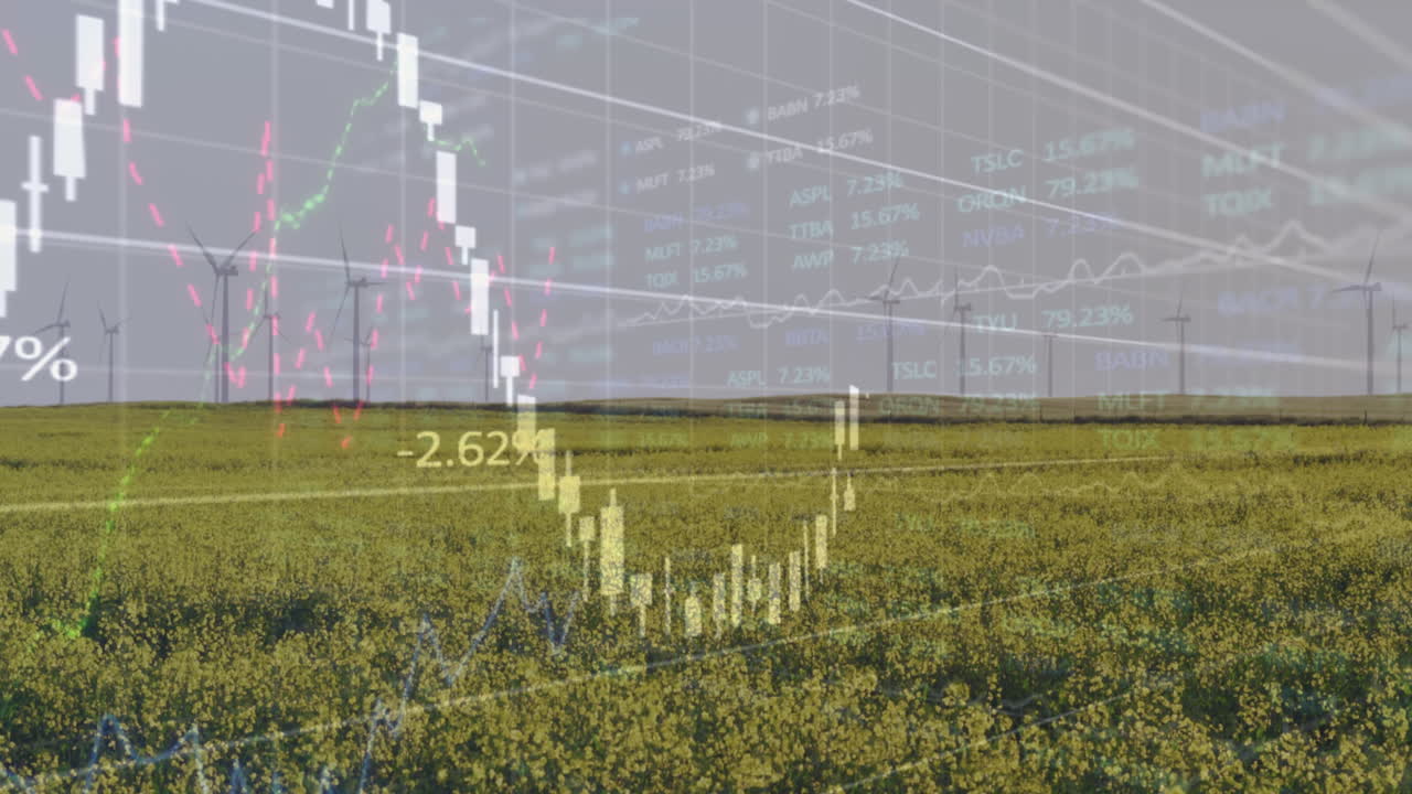 animación del procesamiento de datos financieros sobre turbinas eólicas