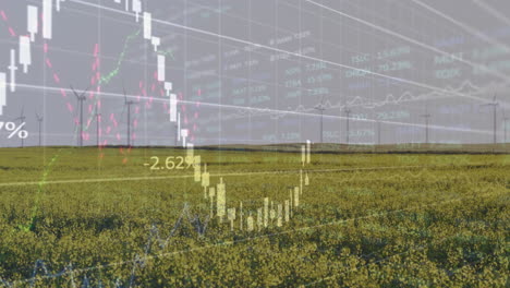 animación del procesamiento de datos financieros sobre turbinas eólicas