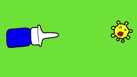 animación 2d, el spray nasal destruye el coronavirus, covid-19, el spray mata las bacterias, la enfermedad por virus, los microbios se retiran y agitan la bandera blanca. pantalla verde, dibujos animados divertidos