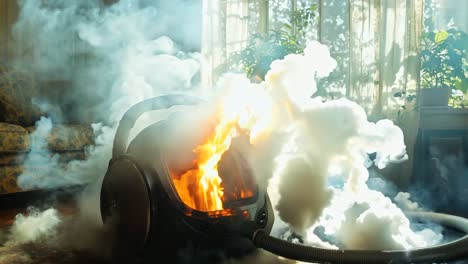 a vacuum cleaner with smoke coming out of it in a living room