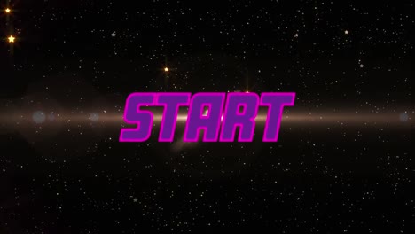 animation of start text in pink and purple letters over glowing yellow stars and spotlights