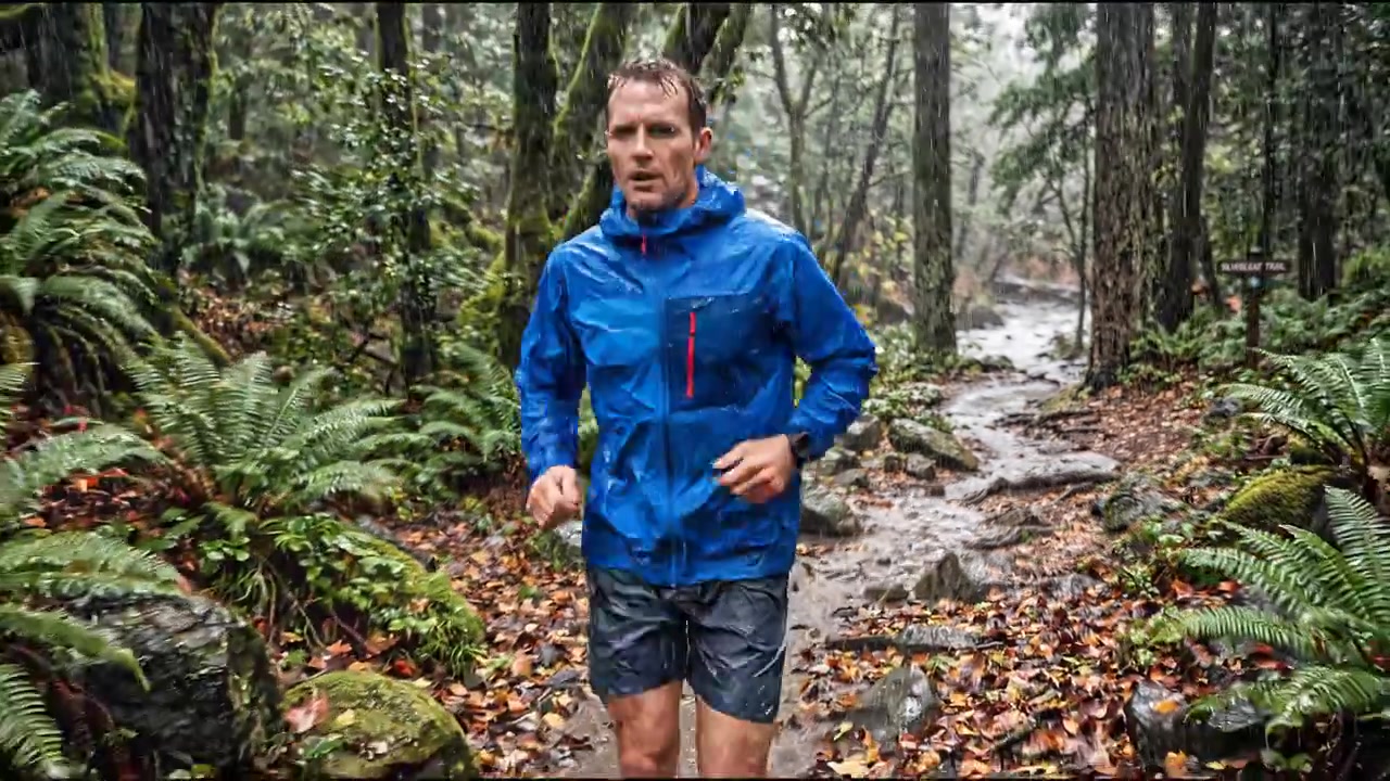 Trail runner jogging through forest path during outdoor endurance workout and fitness training