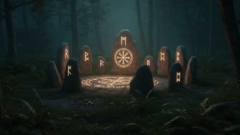 mystical stone circle deep in the enchanted forest: illuminated runes and ancient symbols emanate an air of magic and mystery beneath the starlit sky