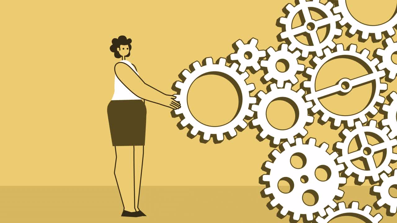 el carácter plano de la mujer de estilo amarillo gira el mecanismo de engranaje de engrenaje. animación de bucle aislado con canal alfa