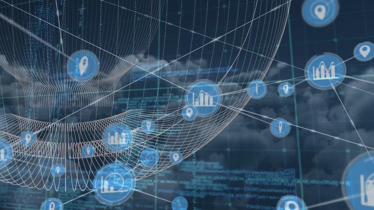 데이터 처리 및 연결 네트워크를 가진 지구의 애니메이션과 구름과 함께 하늘을 통해