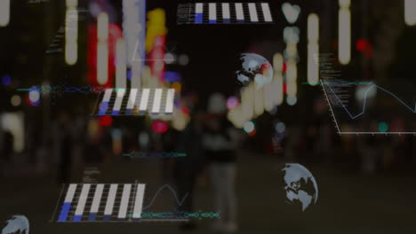 animación del procesamiento de datos estadísticos frente a la vista de la calle de la ciudad por la noche