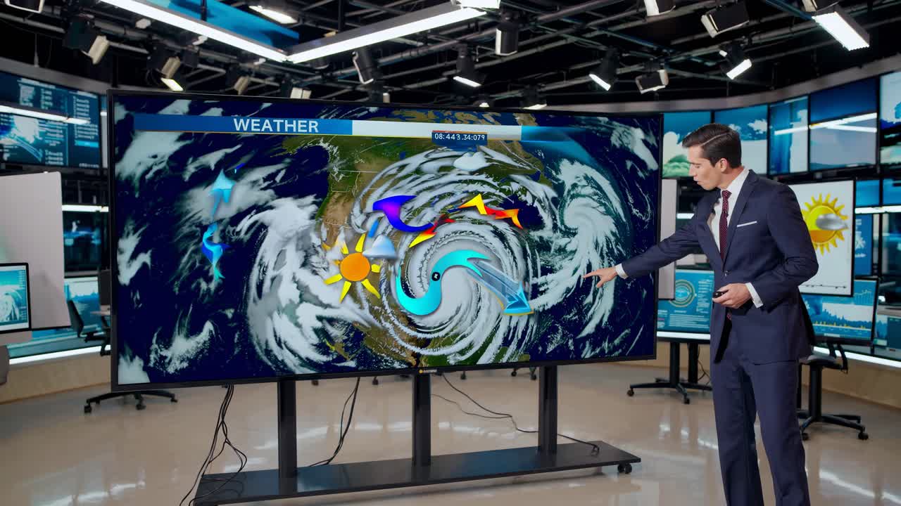 A meteorologist in a studio points at a large screen displaying a cyclone