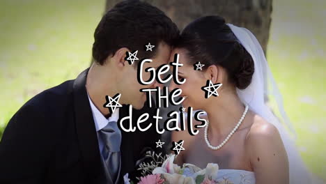 get details text animation over bride and groom touching foreheads