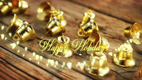 animación de texto, felices fiestas, en amarillo, sobre luces de cuerda y decoraciones de campanas de navidad