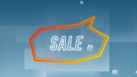 animación digital de varios cubos flotando sobre un banner de texto de venta contra un fondo azul