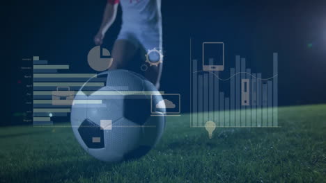 animación del procesamiento de datos financieros sobre el jugador de fútbol caucásico.