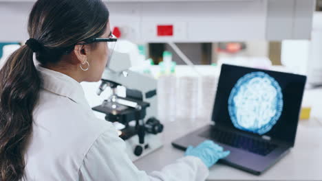 ciencia, portátil y microscopio con un estudiante