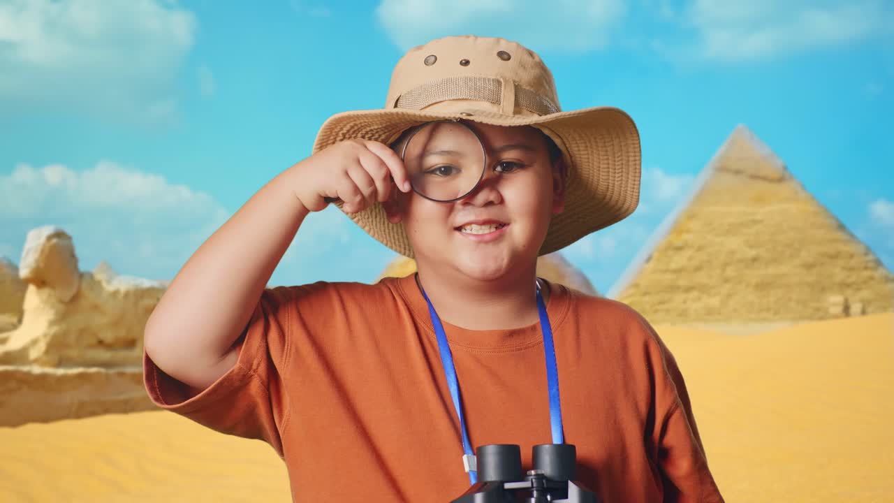 Asian Boy With A Hat And Binoculars Looking Through The Magnifying Glass Examines Something While Traveling In Giza Pyramid. Boy Researcher, Travel Tourism Adventure Concept