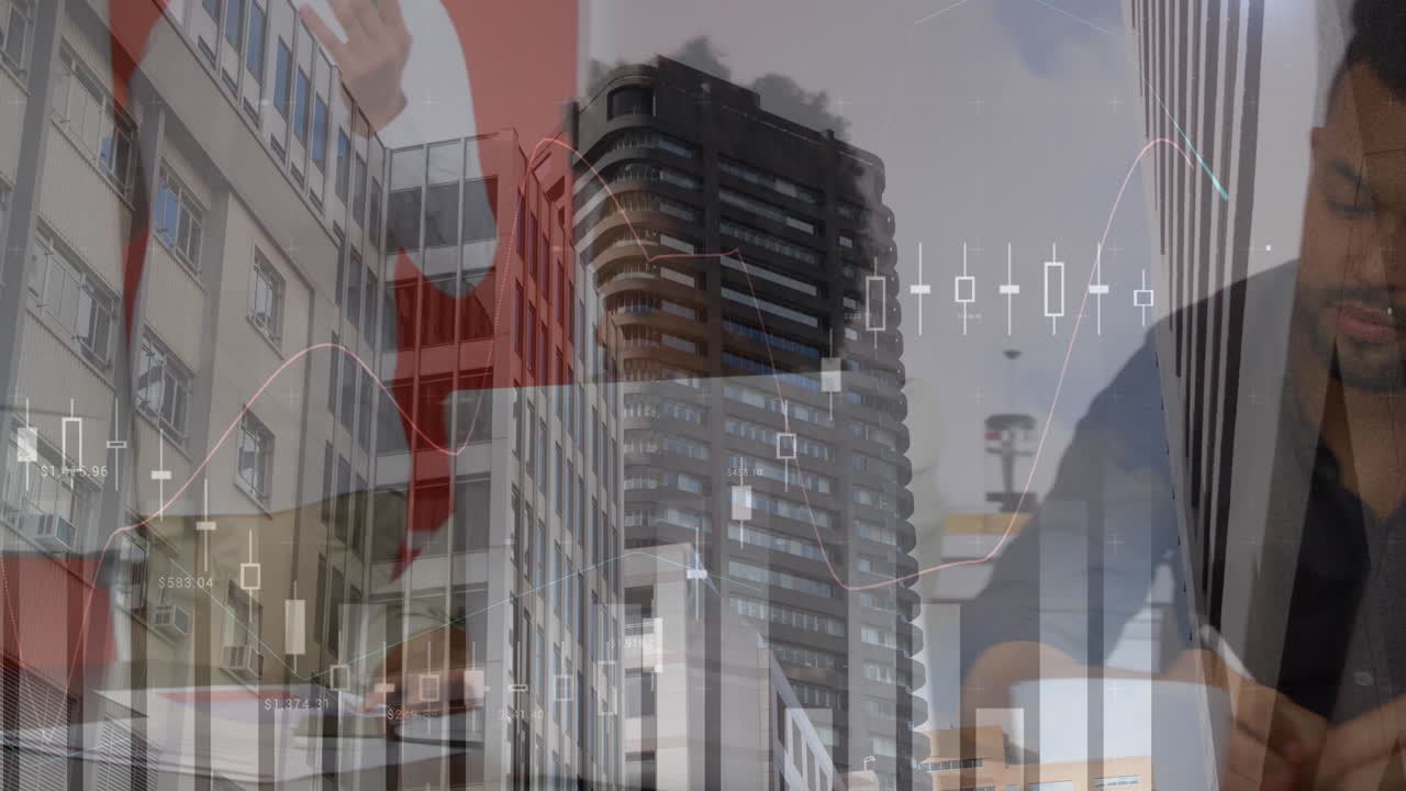 animación del procesamiento de datos financieros sobre diversas personas de negocios que usan computadoras portátiles