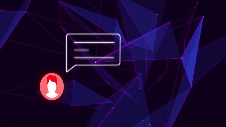 Animazione di forme viola e un avviso di social media con icona utente su sfondo nero.