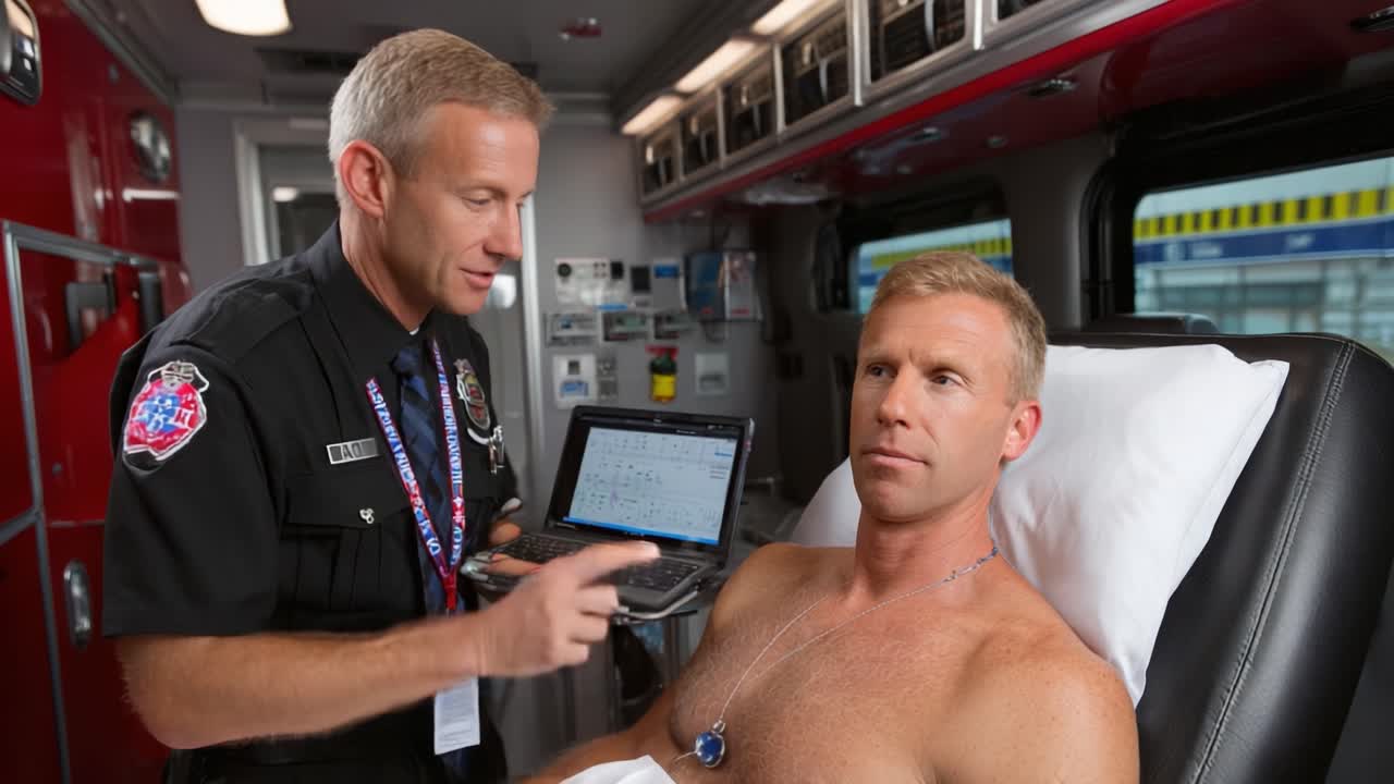 Emergency Medical Technician Assesses Patient with Heart Monitor in Ambulance During Life-Saving Procedure and Treatment for Cardiac Issues