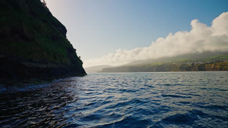 Picturesque-view-from-the-boat-of-the-beautiful-local-town-of-Vila-Franco-Do-Campo,-Sao-Miguel-island,-Azores---Portugal