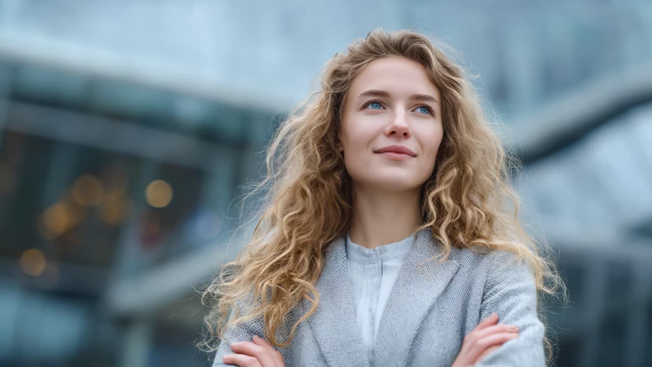 En selvsikker, ung kvinde med krøllet hår poserer eftertænksomt i et moderne, urbant miljø og udstråler selvtillid og balance