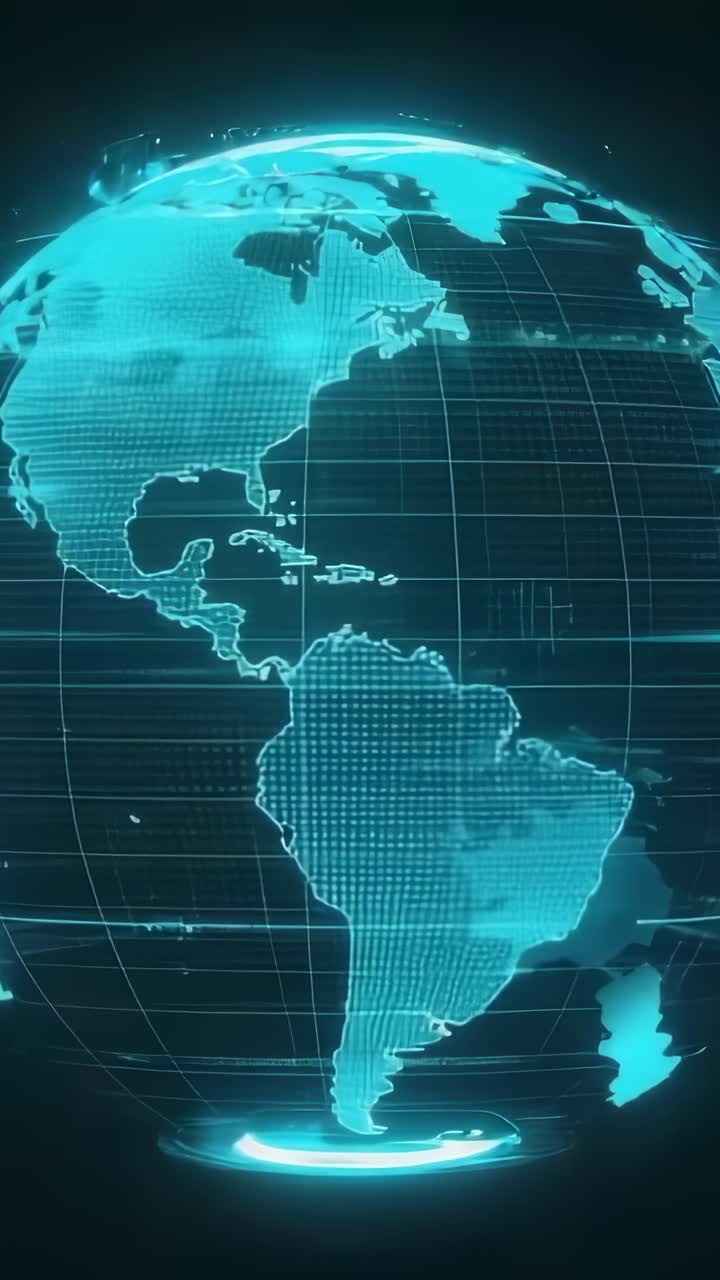 Vertical video: Opening cyan holographic globe spinning in void, grid overlay, pulsing platform