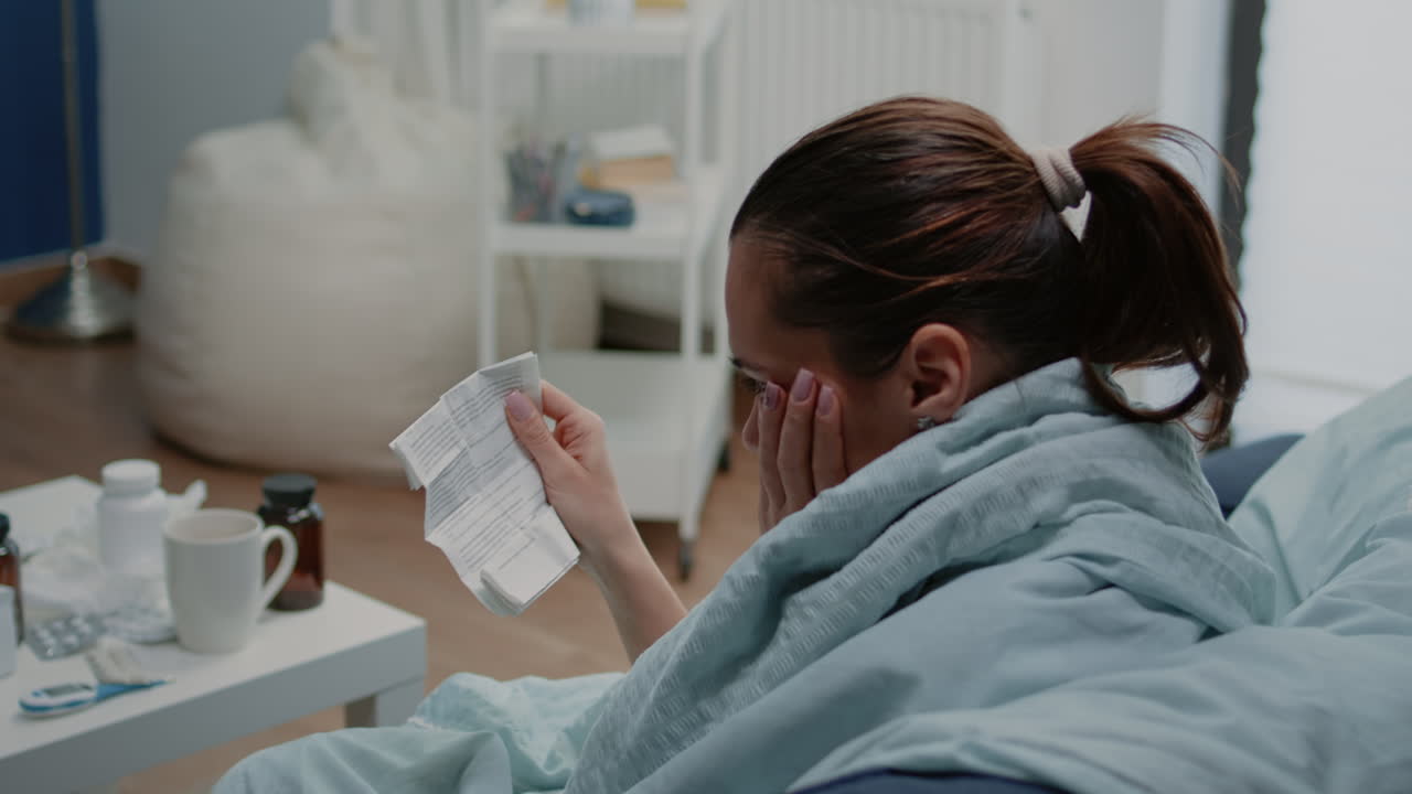 Mujer enferma leyendo el prospecto de un paquete para informarse sobre la medicación