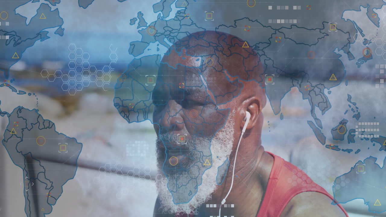 Homem correndo sobre animação de mapa-múndi, usando fones de ouvido e gráficos de dados.