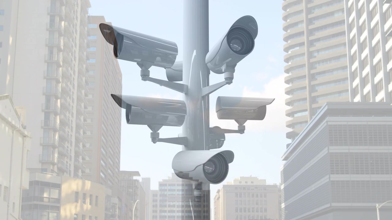 Animazione di telecamere che si muovono su un paesaggio urbano