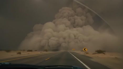 a dramatic scene captured on a long highway, showcasing intense weather conditions as dark clouds and dust swirl ominously, creating an eerie atmosphere and sense of foreboding