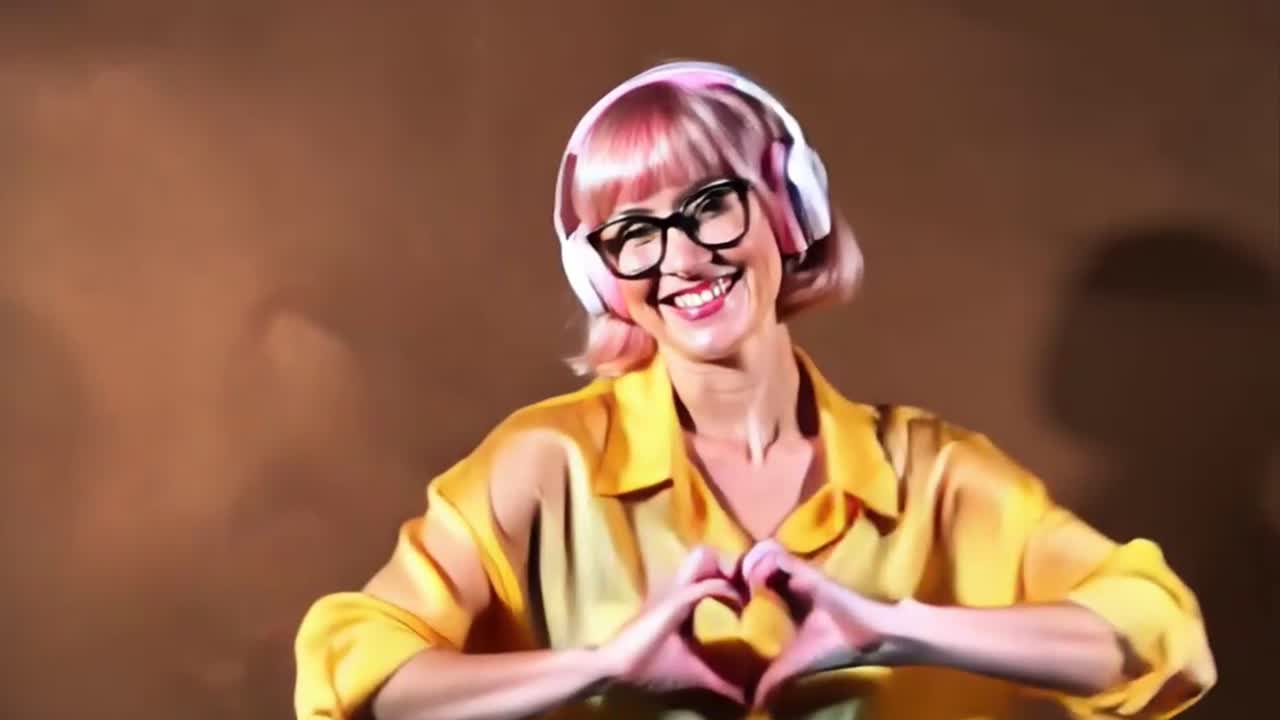 A woman in a yellow shirt and blue pants is dancing