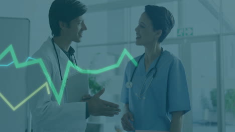 doctors shaking hands, discussing patient care with heartbeat animation over them