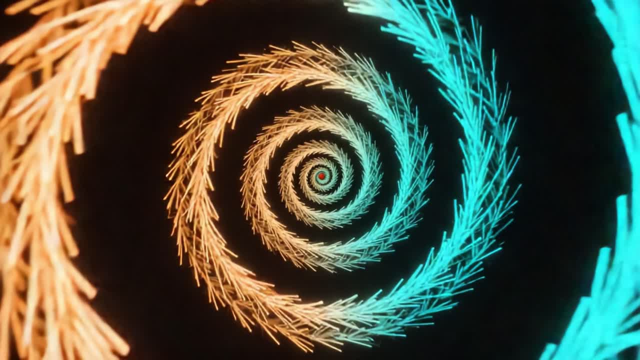 Mesmerizing Spiral of Vibrant Orange and Blue Light Patterns Creating a Hypnotic Visual Experience Centered on Dynamic Symmetry and Motion
