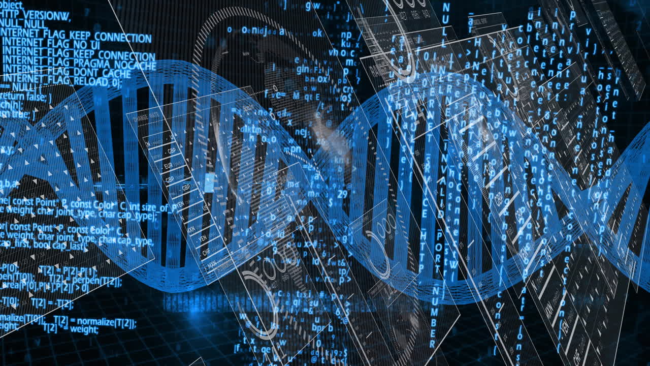 DNA strand and binary coding in scientific data processing animation