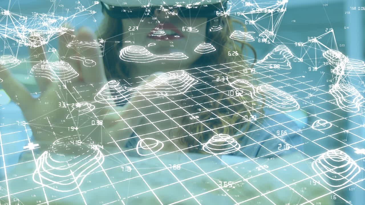 Animation of woman wearing virtual reality headset against grid with map lines