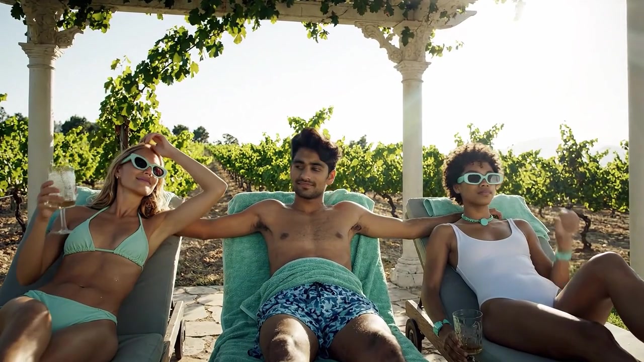 Relax sotto il sole: Tre amici si godono una giornata di svago vicino al vigneto, sdraiati su chaise longue con bevande rinfrescanti in una splendida cornice