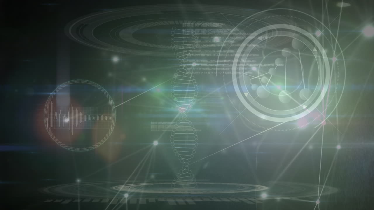 파란색 배경에 과학적 데이터 처리 위에 회전하는 dna 가닥의 애니메이션