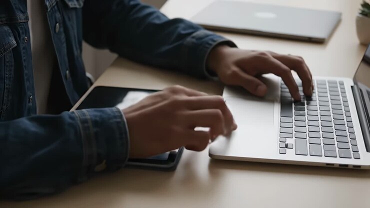 Hände, die einen Laptop mit digitalem rotem Standort-Pin und Weltkarten-Overlay benutzen