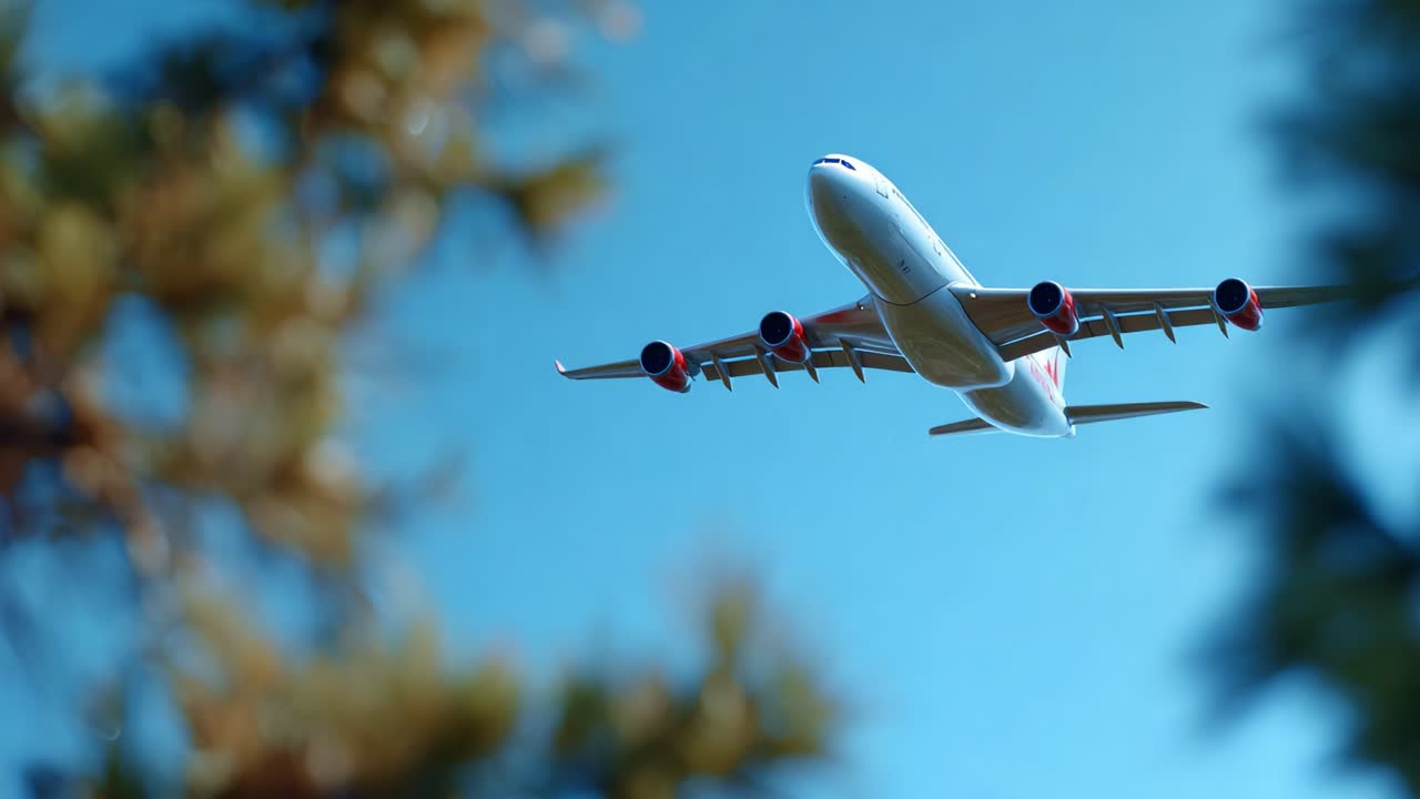 Un aeroplano vola sopra gli alberi, catturando l'essenza del volo in un cielo azzurro limpido, mettendo in mostra la sua maestosità e la sua brillantezza ingegneristica in questi splendidi fotogrammi.