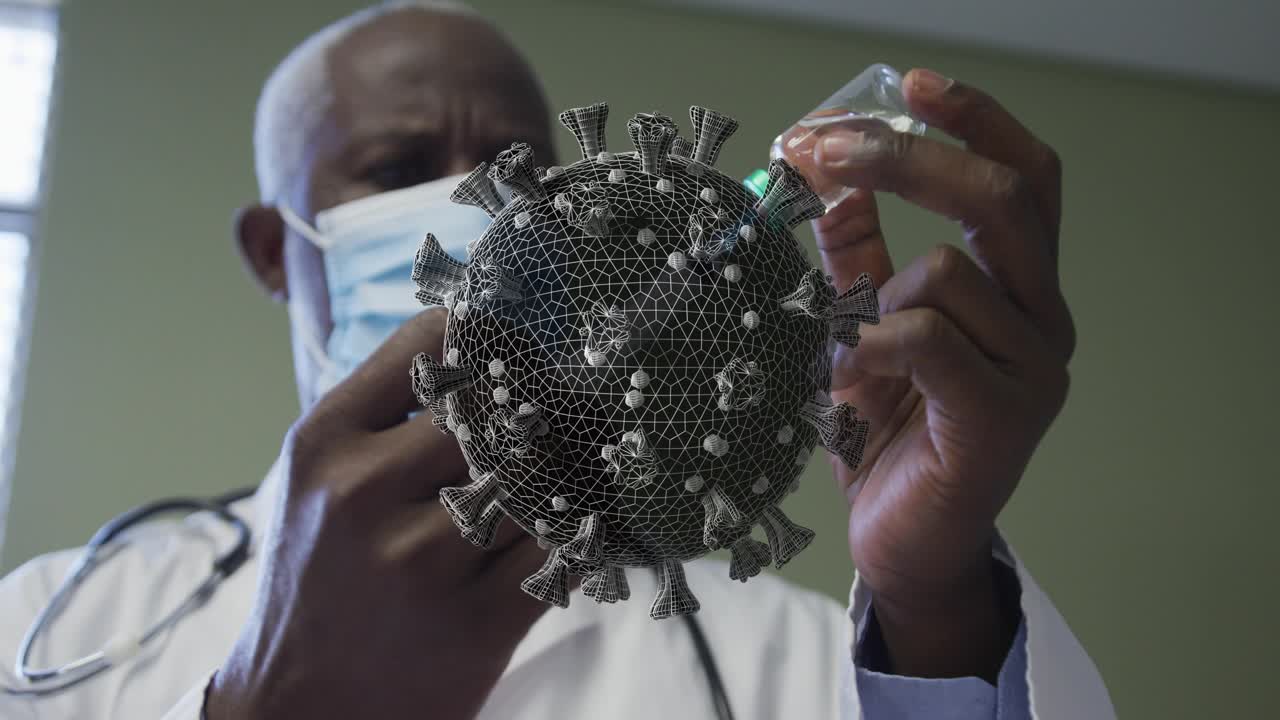 Senior doctor bringing syringe and vial, drawing vaccine while 3D virus rotating obscuring hands