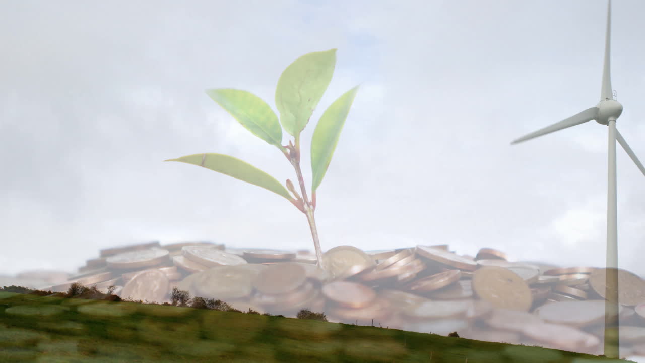 Growing plant over coins with wind turbine, symbolizing green energy animation
