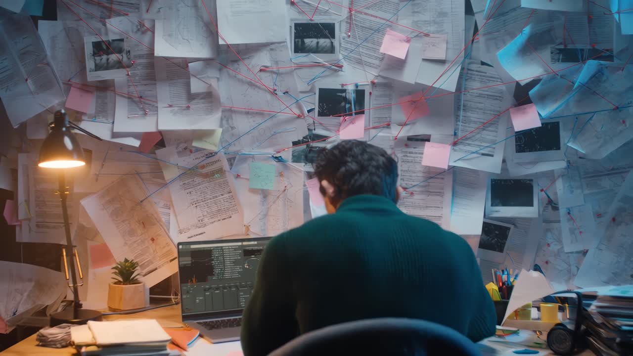 Over-the-shoulder view of a detective analyzing a video, surrounded by notes and maps